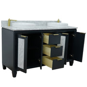 Bellaterra Home 400990-61D-DG-WMRD Trento 61" vanity, Dark Gray, White Carrara marble top, angled view with doors open