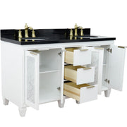 Bellaterra Home 400990-61D-WH-BGO Trento 61" vanity, White, Black Galaxy granite top, angled view with doors open showing