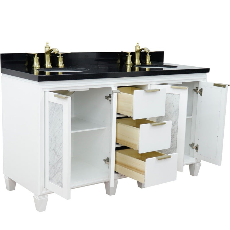 Bellaterra Home 400990-61D-WH-BGO Trento 61" vanity, White, Black Galaxy granite top, angled view with doors open showing