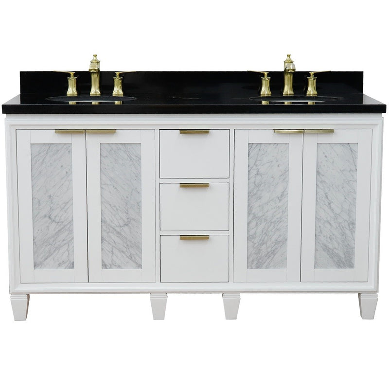 Bellaterra Home 400990-61D-WH-BGO Trento 61" vanity, White, Black Galaxy granite top, front view on a white background