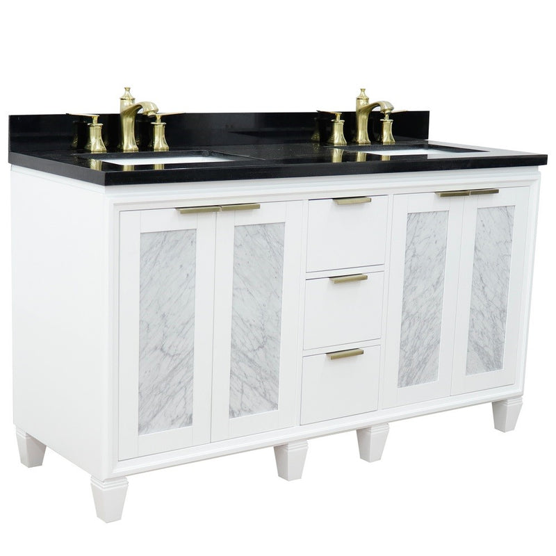 Bellaterra Home 400990-61D-WH-BGR Trento 61" vanity, White, Black Galaxy granite top, angled view with doors closed