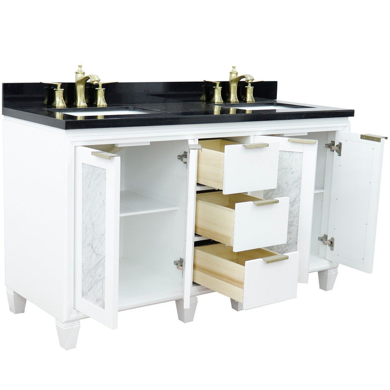 Bellaterra Home 400990-61D-WH-BGR Trento 61" vanity, White, Black Galaxy granite top, angled view with doors open showing