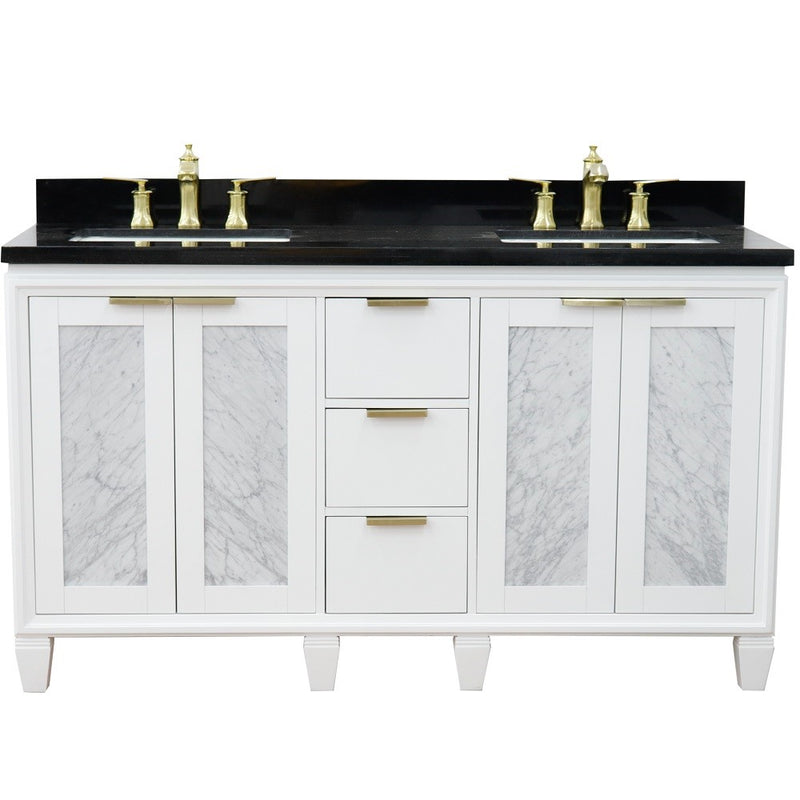 Bellaterra Home 400990-61D-WH-BGR Trento 61" vanity, White, Black Galaxy granite top, front view on a white background