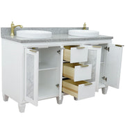 Bellaterra Home 400990-61D-WH-GYRD Trento 61" vanity, White, gray granite top, angled view with doors open showing the shelf