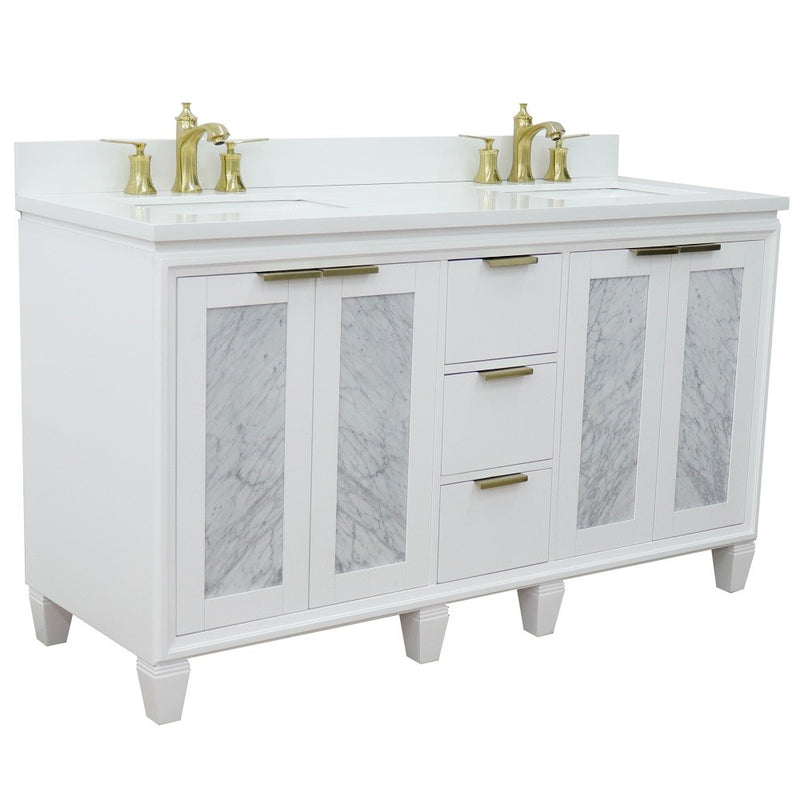 Bellaterra Home 400990-61D-WH-WER Trento 61" vanity, White, white engineered stone top, angled view with doors closed
