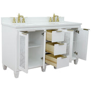 Bellaterra Home 400990-61D-WH-WER Trento 61" vanity, White, white engineered stone top, angled view with doors open showing