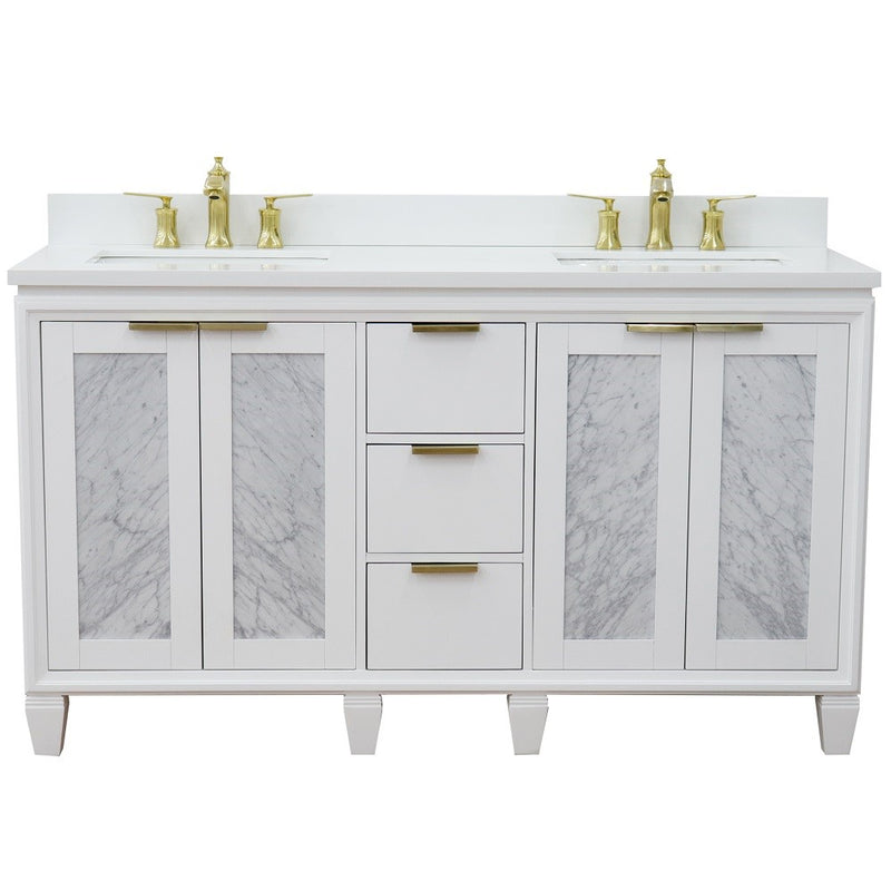 Bellaterra Home 400990-61D-WH-WER Trento 61" vanity, White, white engineered stone top, front view on a white background