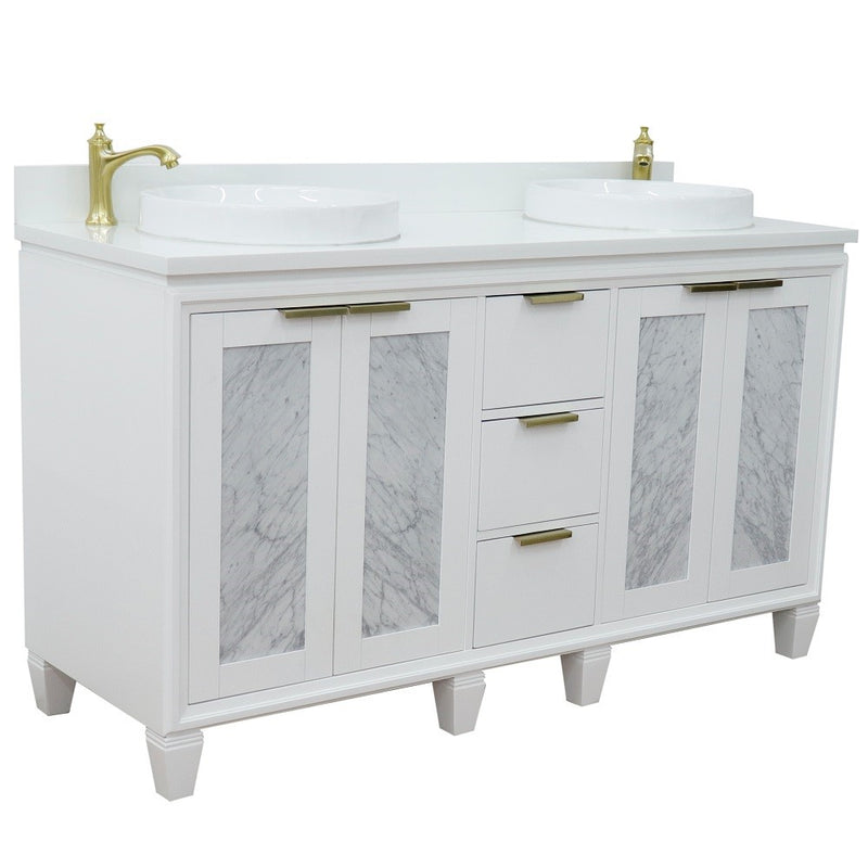 Bellaterra Home 400990-61D-WH-WERD Trento 61" vanity, White, white engineered stone top, angled view with doors closed
