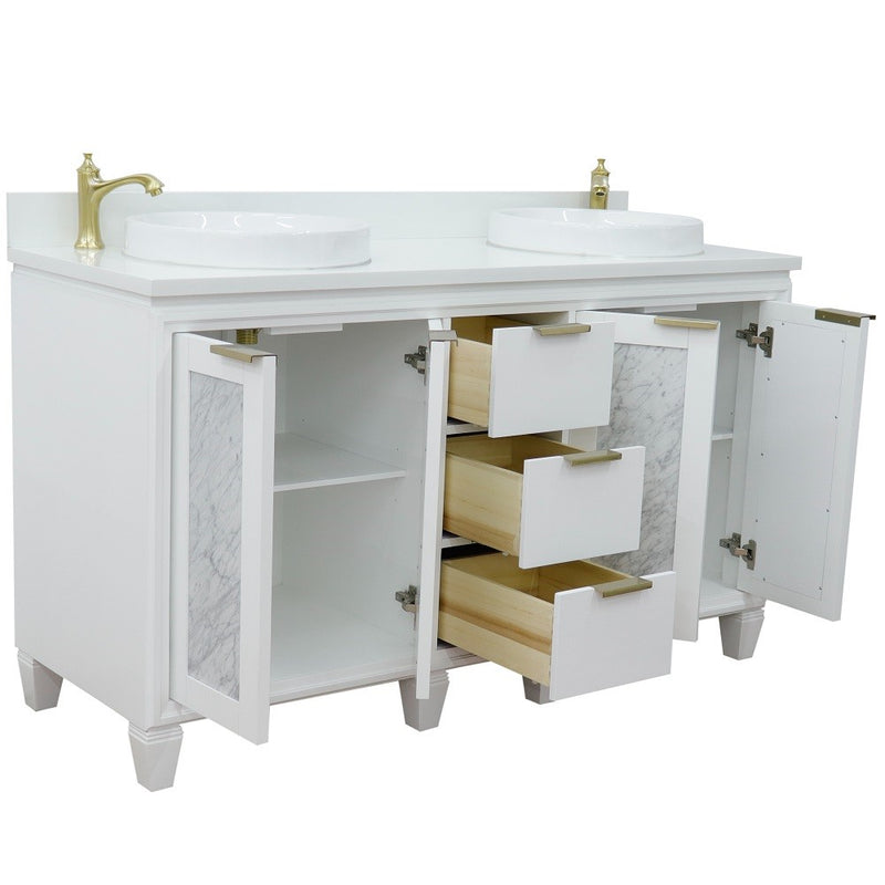 Bellaterra Home 400990-61D-WH-WERD Trento 61" vanity, White, white engineered stone top, angled view with doors open showing