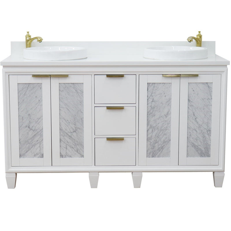 Bellaterra Home 400990-61D-WH-WERD Trento 61" vanity, White, white engineered stone top, front view on a white background
