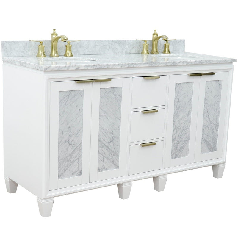 Bellaterra Home 400990-61D-WH-WMO Trento 61" vanity, White, White Carrara marble top, angled view with doors closed
