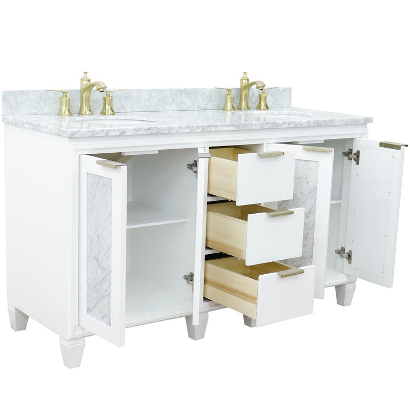 Bellaterra Home 400990-61D-WH-WMO Trento 61" vanity, White, White Carrara marble top, angled view with doors open showing