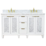Bellaterra Home 400990-61D-WH-WMO Trento 61" vanity, White, White Carrara marble top, front view on a white background