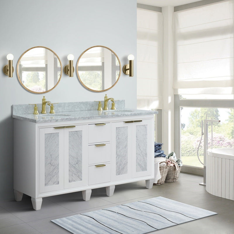 Bellaterra Home 400990-61D-WH-WMO Trento 61" vanity, White, White Carrara marble top, installed in a bathroom