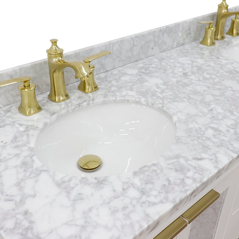 Bellaterra Home 400990-61D-WH-WMO Trento 61" vanity, White, White Carrara marble top, countertop and sink close-up