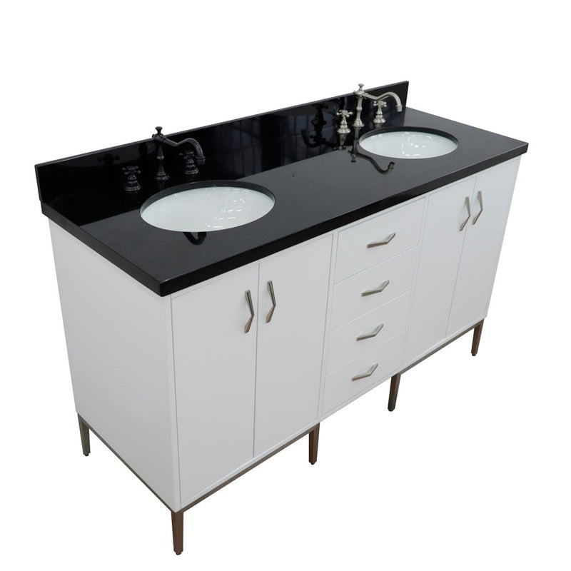 Bellaterra Home 408001-61D-WH-BGO Tivoli 61" vanity, White, Black Galaxy granite top, angled view on a white background