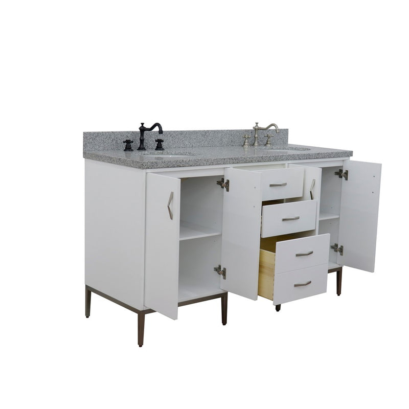 Bellaterra Home 408001-61D-WH-GYO Tivoli 61" vanity, White, gray granite top, angled view with doors open showing the shelf