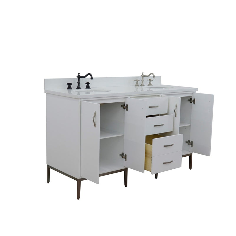 Bellaterra Home 408001-61D-WH-WEO Tivoli 61" vanity, White, white engineered stone top, angled view with doors open showing