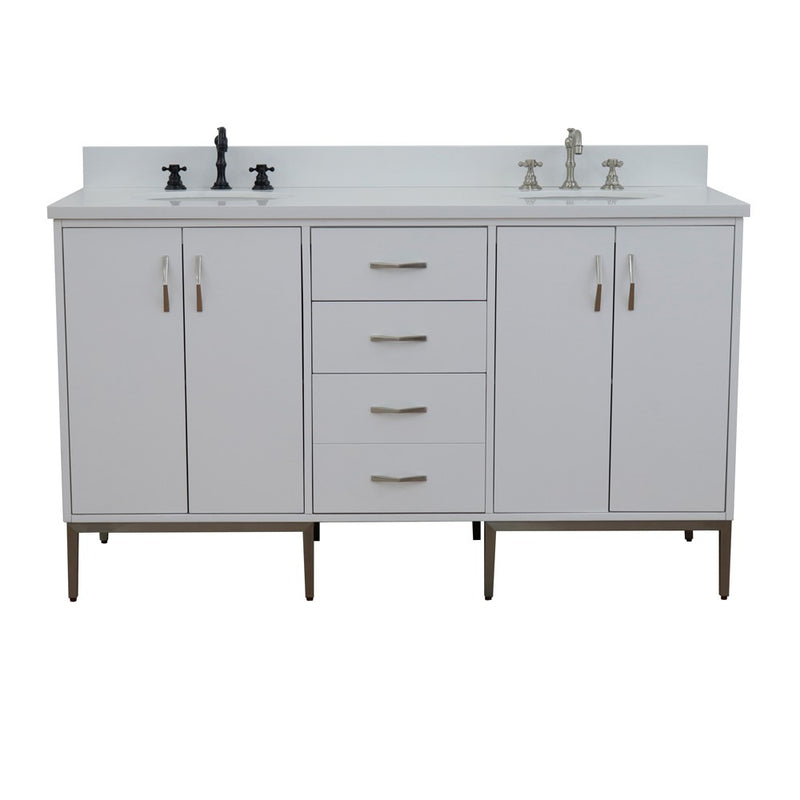 Bellaterra Home 408001-61D-WH-WEO Tivoli 61" vanity, White, white engineered stone top, front view on a white background