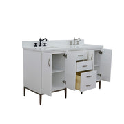 Bellaterra Home 408001-61D-WH-WER Tivoli 61" vanity, White, white engineered stone top, angled view with doors open showing