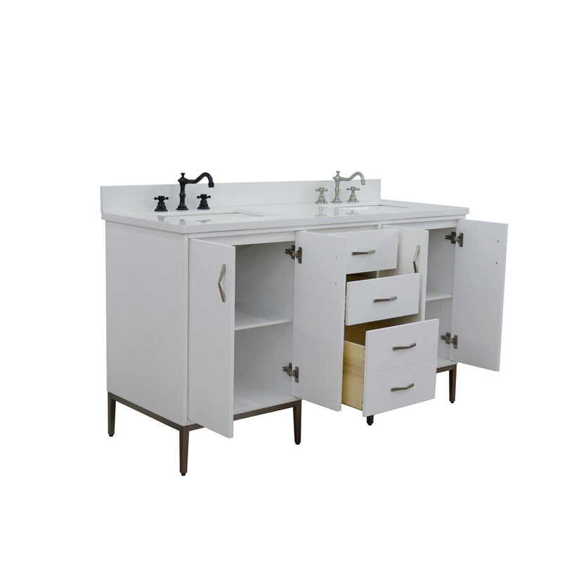 Bellaterra Home 408001-61D-WH-WER Tivoli 61" vanity, White, white engineered stone top, angled view with doors open showing