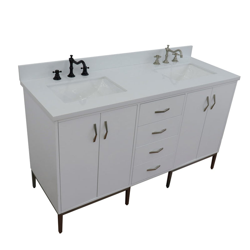 Bellaterra Home 408001-61D-WH-WER Tivoli 61" vanity, White, white engineered stone top, angled view on a white background