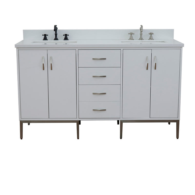 Bellaterra Home 408001-61D-WH-WER Tivoli 61" vanity, White, white engineered stone top, front view on a white background