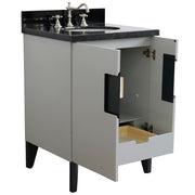 Bellaterra Home 408800-25-LG-BGO Kolb 25" vanity, Light Gray, Black Galaxy granite top, angled view with doors open showing