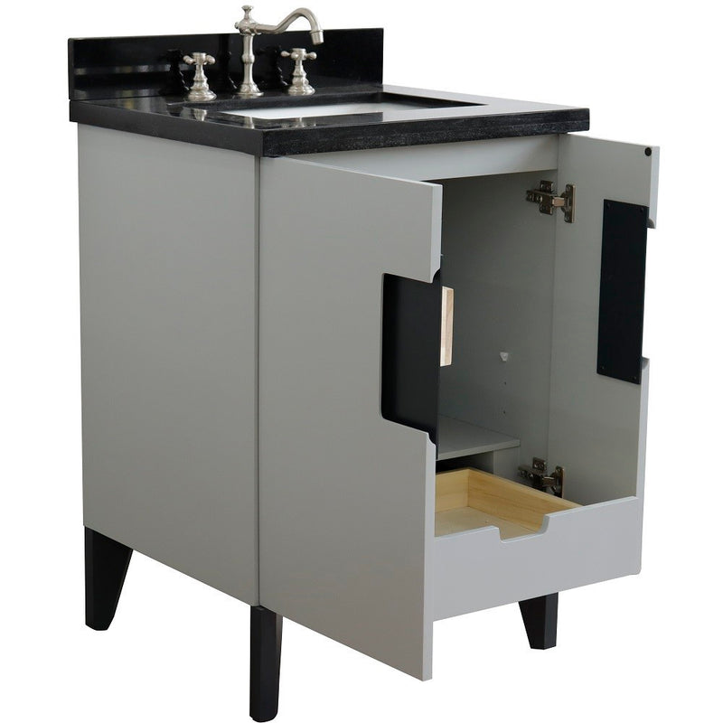 Bellaterra Home 408800-25-LG-BGR Kolb 25" vanity, Light Gray, Black Galaxy granite top, angled view with doors open showing