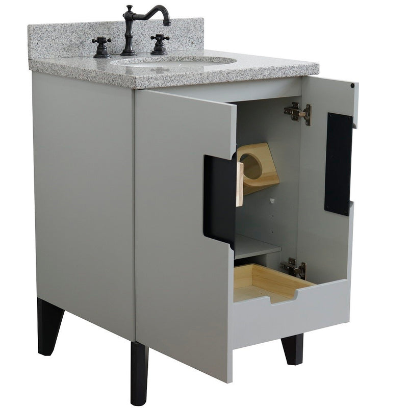 Bellaterra Home 408800-25-LG-GYO Kolb 25" vanity, Light Gray, gray granite top, angled view with doors open showing the shelf