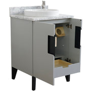 Bellaterra Home 408800-25-LG-WMRD Kolb 25" vanity, Light Gray, White Carrara marble top, angled view with doors open showing