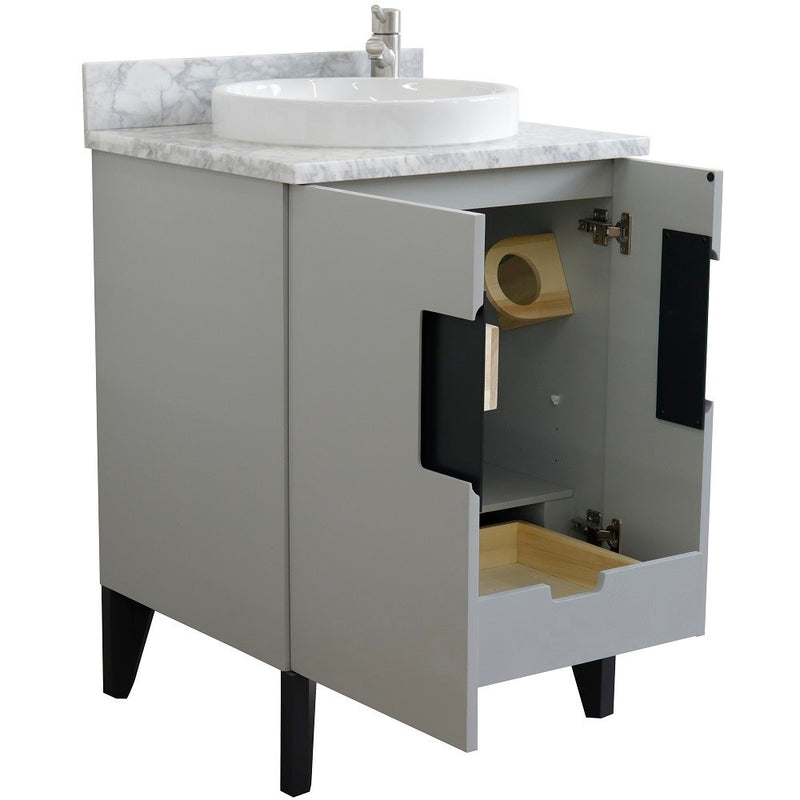 Bellaterra Home 408800-25-LG-WMRD Kolb 25" vanity, Light Gray, White Carrara marble top, angled view with doors open showing