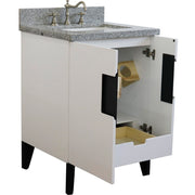 Bellaterra Home 408800-25-WH-GYR Kolb 25" vanity, White, gray granite top, angled view with doors open showing the shelf