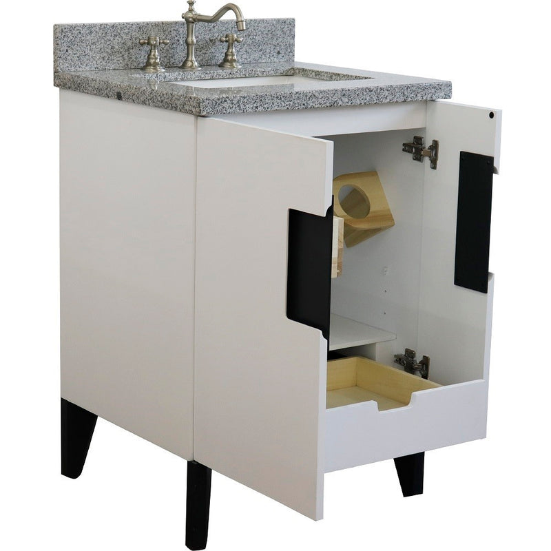 Bellaterra Home 408800-25-WH-GYR Kolb 25" vanity, White, gray granite top, angled view with doors open showing the shelf