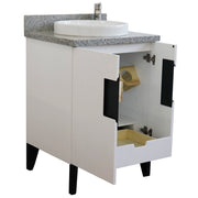 Bellaterra Home 408800-25-WH-GYRD Kolb 25" vanity, White, gray granite top, angled view with doors open showing the shelf