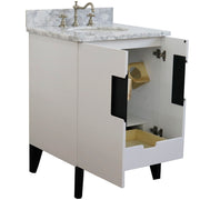 Bellaterra Home 408800-25-WH-WMO Kolb 25" vanity, White, White Carrara marble top, angled view with doors open showing the