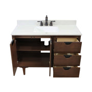 Bellaterra Home 4922-MT1-AQ Porto 49" vanity, Dark Cherry, white engineered stone top, angled view with the drawer open