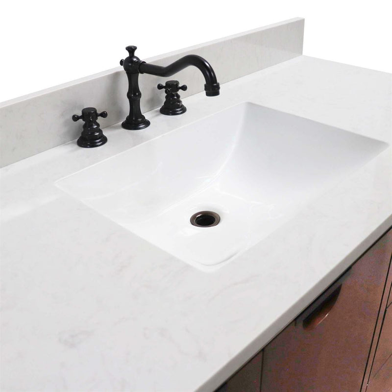Bellaterra Home 4922-MT1-AQ Porto 49" vanity, Dark Cherry, white engineered stone top, countertop and sink close-up