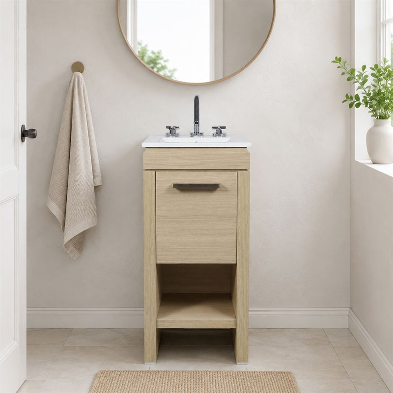 Bellaterra Home 500137-CO Modern 16" vanity, Neutral, white ceramic top, installed in a bathroom, shot 2