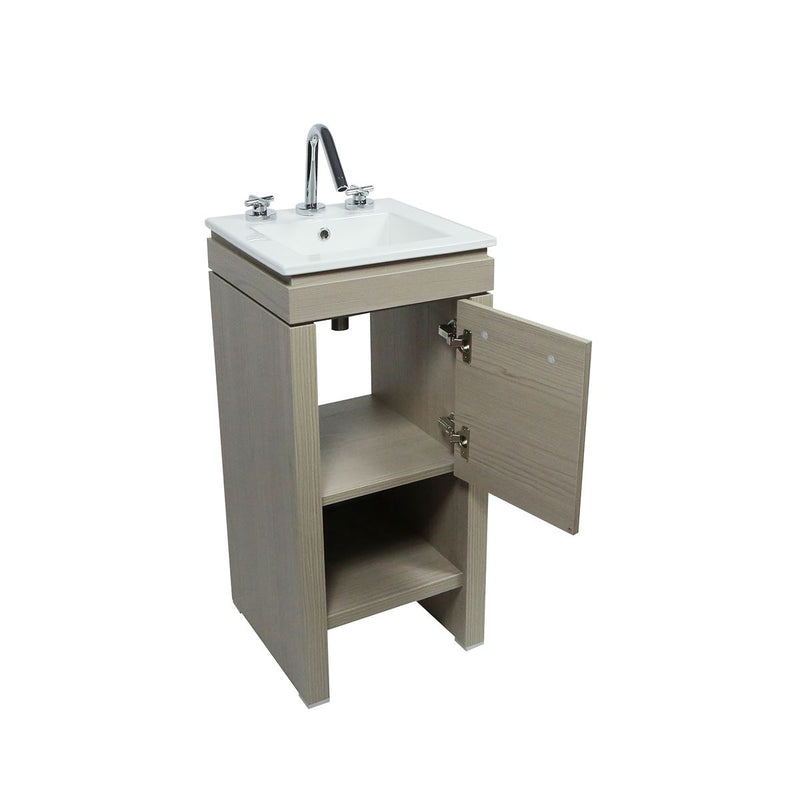 Bellaterra Home 500137-EP Modern 16" vanity, Light Gray, white ceramic top, angled view with doors open showing the shelf