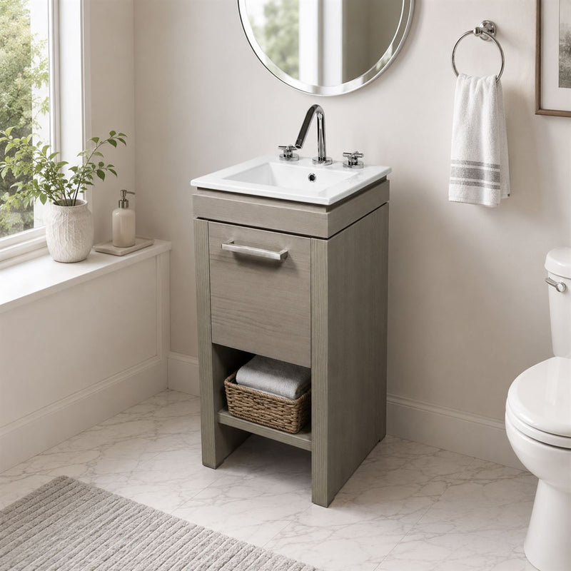 Bellaterra Home 500137-EP Modern 16" vanity, Light Gray, white ceramic top, installed in a bathroom