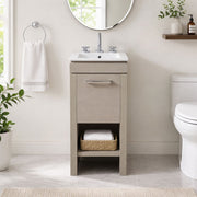 Bellaterra Home 500137-EP Modern 16" vanity, Light Gray, white ceramic top, installed in a bathroom, shot 2
