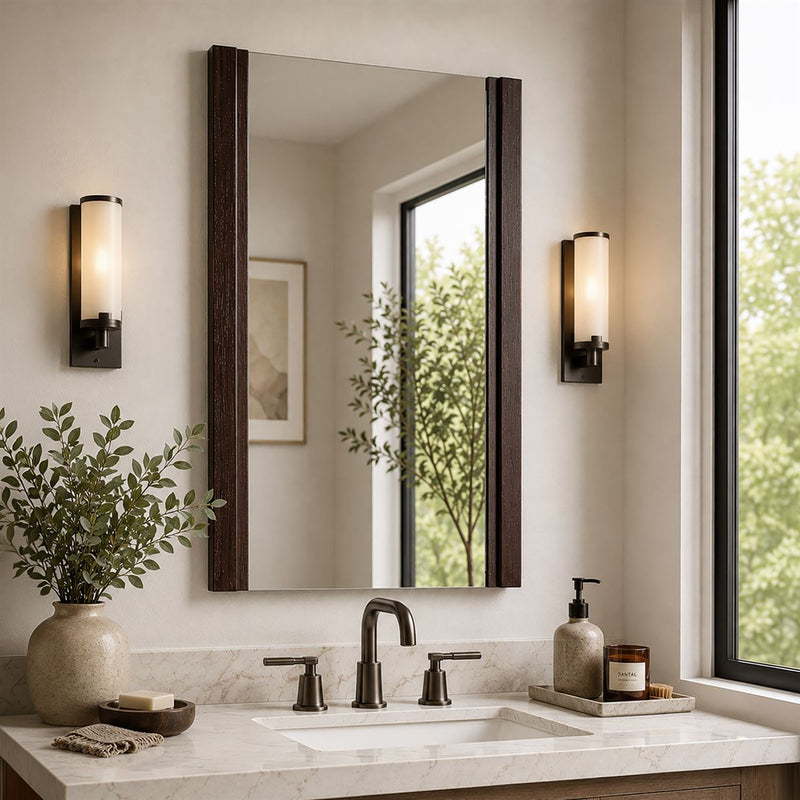 Bellaterra Home 500137-MIR Modern 17.7" rectangular mirror, Wenge, installed in a bathroom