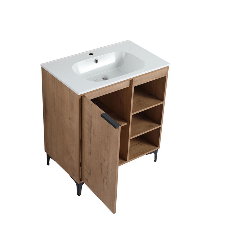 Bellaterra Home 500210-30 Manchester 30" vanity, Neutral, solid surface resin top, angled view with doors open showing the