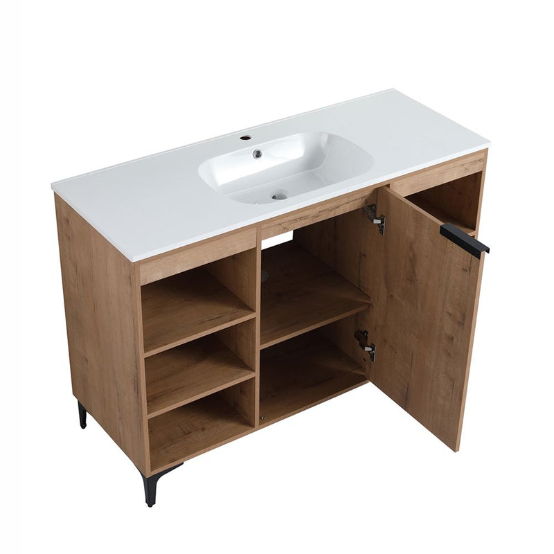 Bellaterra Home 500210-48 Manchester 48" vanity, Neutral, solid surface resin top, angled view with doors open showing the