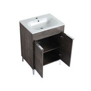 Bellaterra Home 500604-24 Manchester 24" vanity, Gray Oak, solid surface resin top, angled view with doors open showing the