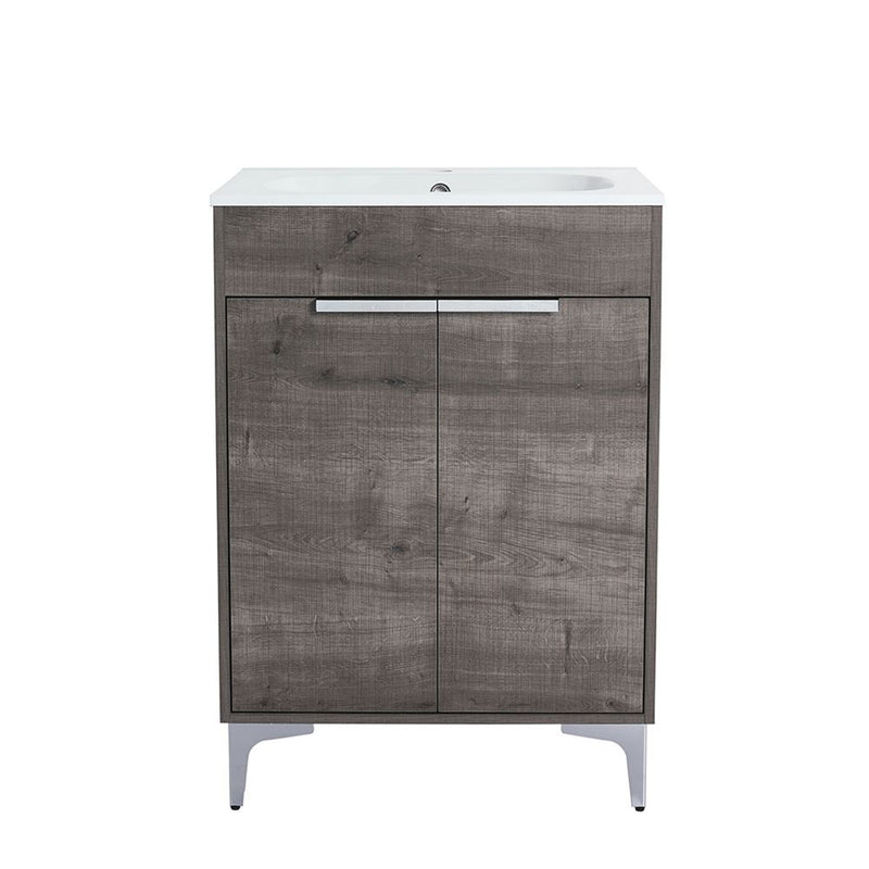 Bellaterra Home 500604-24 Manchester 24" vanity, Gray Oak, solid surface resin top, front view on a white background