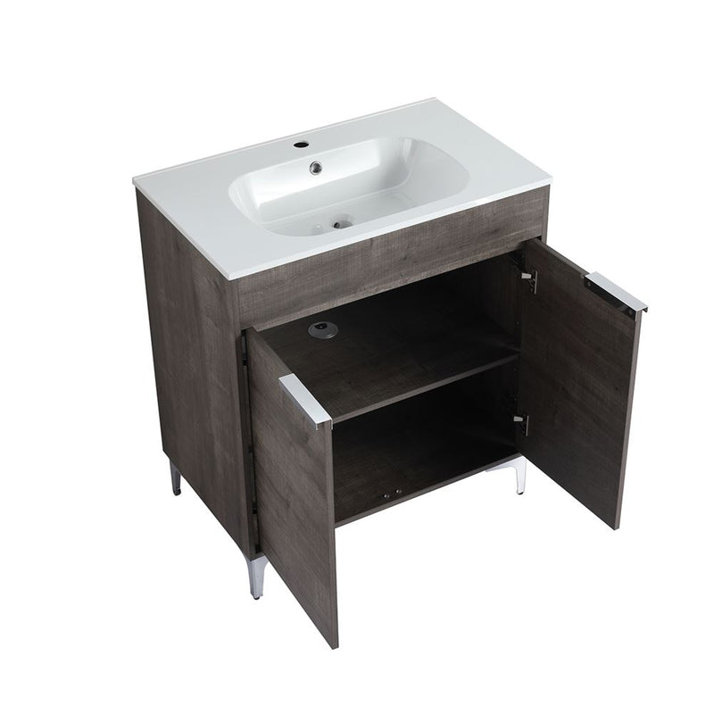 Bellaterra Home 500604-30 Manchester 30" vanity, Gray Oak, solid surface resin top, angled view with doors open showing the