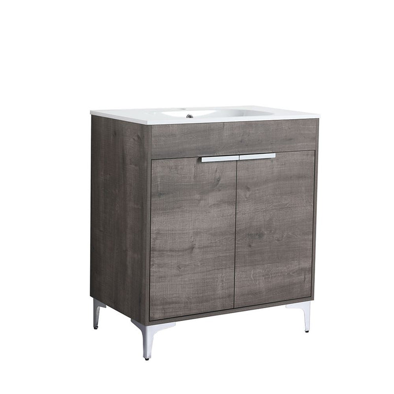 Bellaterra Home 500604-30 Manchester 30" vanity, Gray Oak, solid surface resin top, angled view on a white background