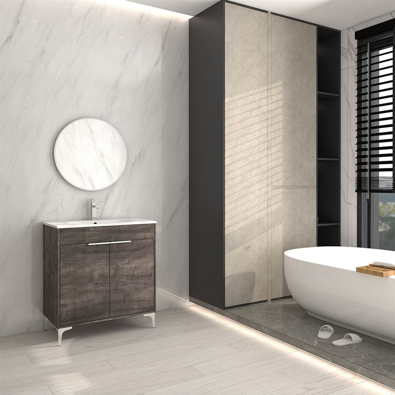 Bellaterra Home 500604-30 Manchester 30" vanity, Gray Oak, solid surface resin top, installed in a bathroom